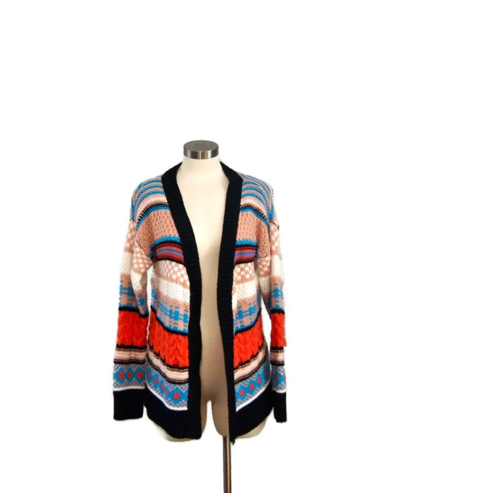 Miss Kelly 1999 Striped Multicolor Open Front Cardigan Shawl Wrap Size S/M